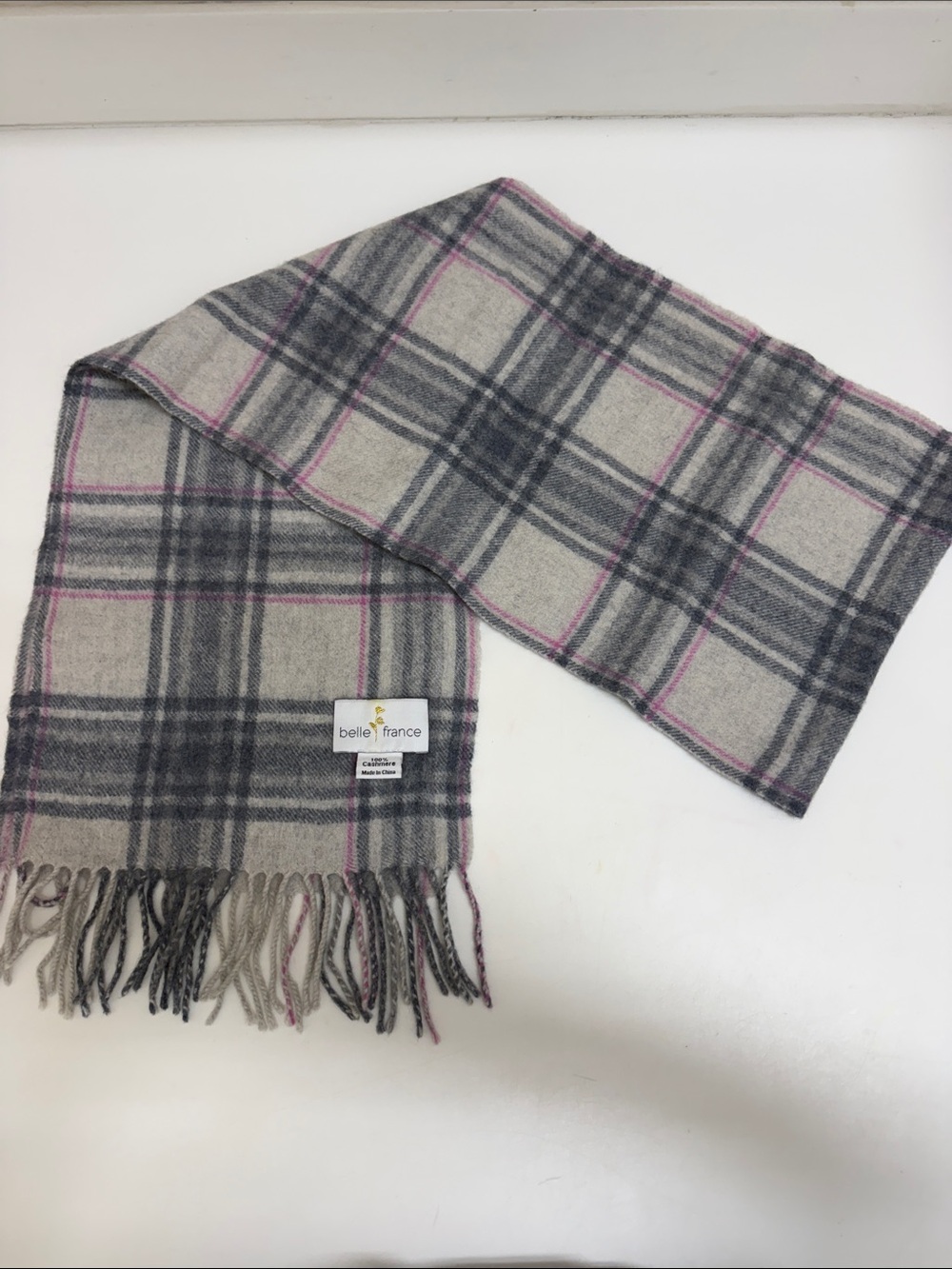 100% Cashmere Gray & Pink Plaid Women's Scarf